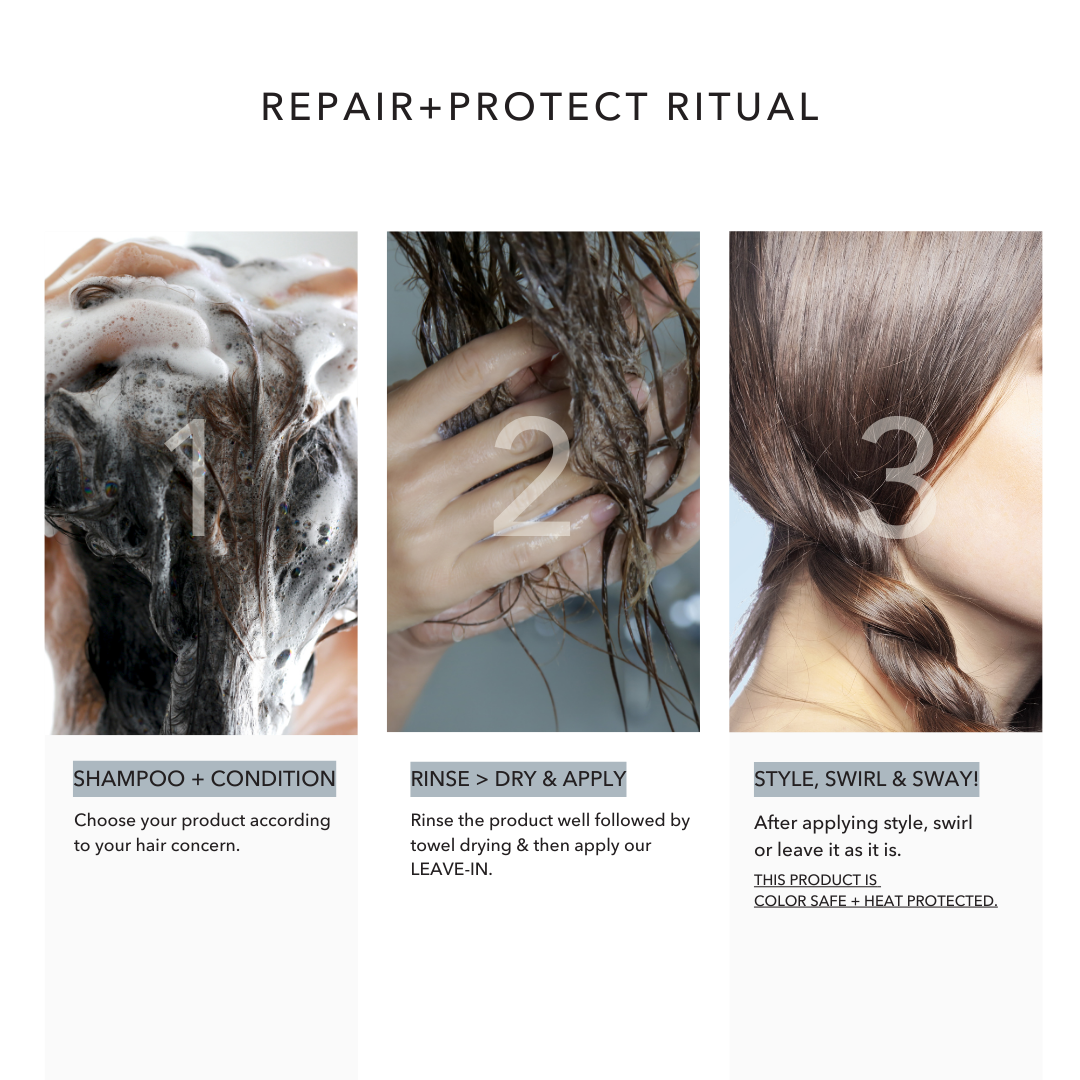 Repair and protect hair care ritual, shampoo, conditioner, leave-in treatment, styling